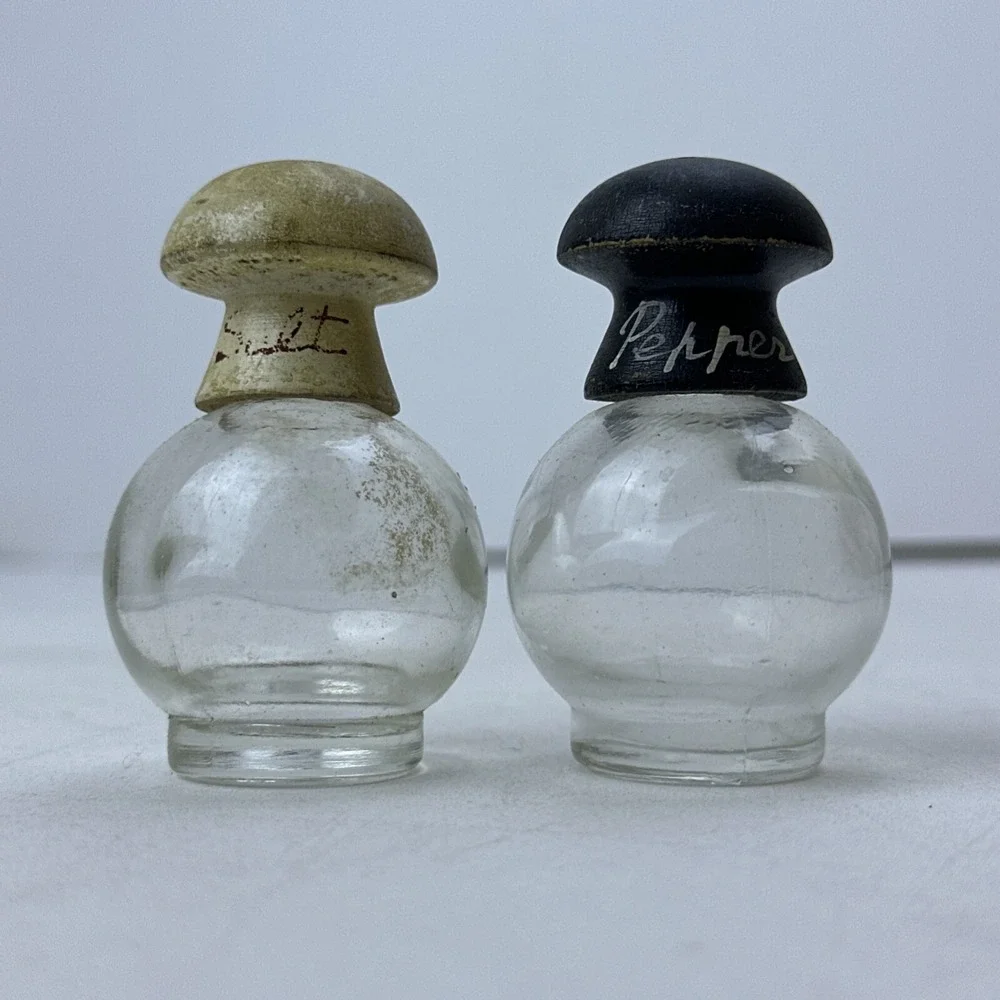 Vintage Salt Pepper Shakers Japan Clear Glass Globes Wood Tops As Is
